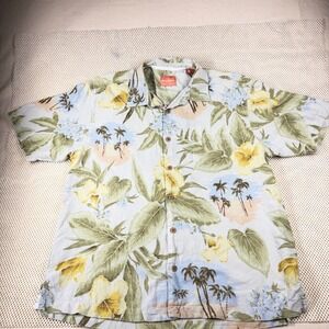 Tommy Bahama Mens Large Silk Hawaiian Shirt Yellow Hibiscus Palm Tree Blue Camp